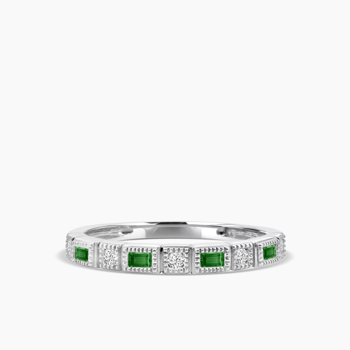 Squared Baguette Bezel Miligrain Band Alt Emerald Ring