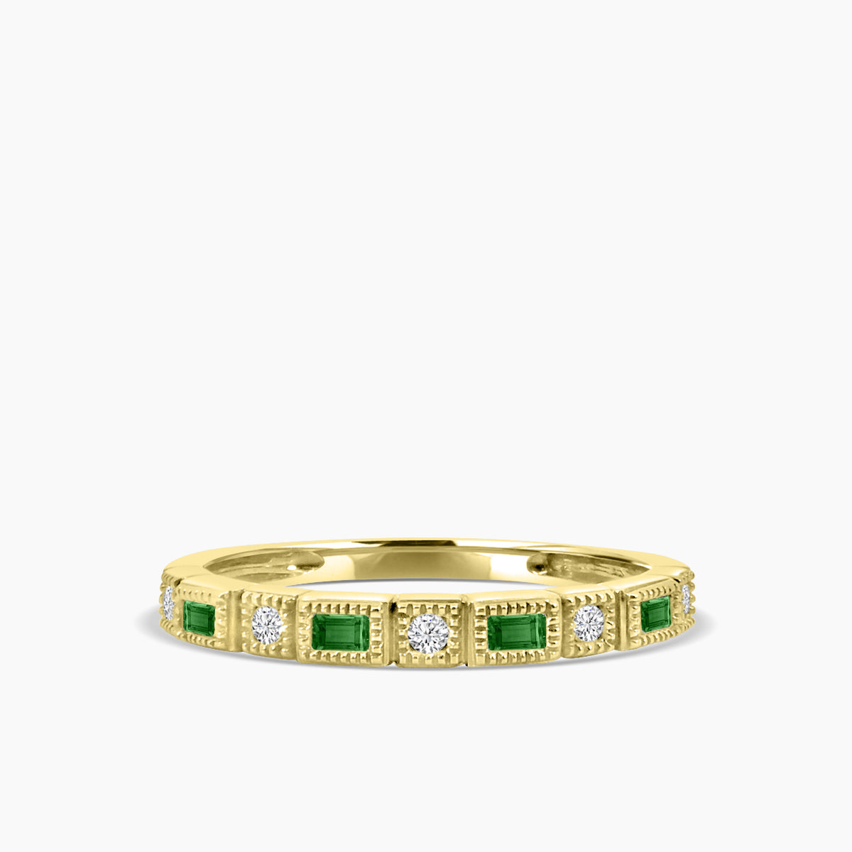 Squared Baguette Bezel Miligrain Band Alt Emerald Ring